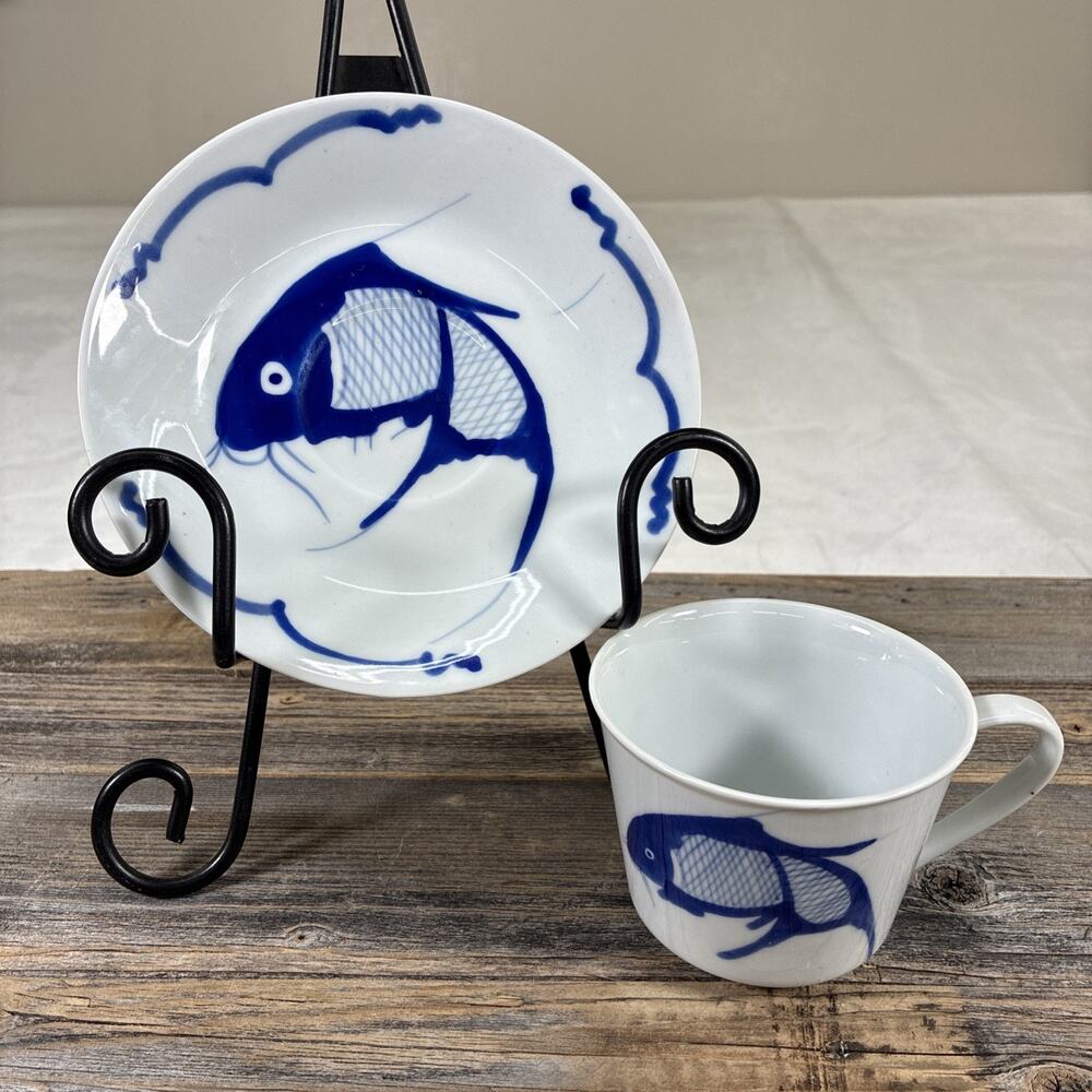 Vintage Chinese Blue & White Porcelain Koi Carp Fish Cup & Saucer Replacement - Picture 2 of 15